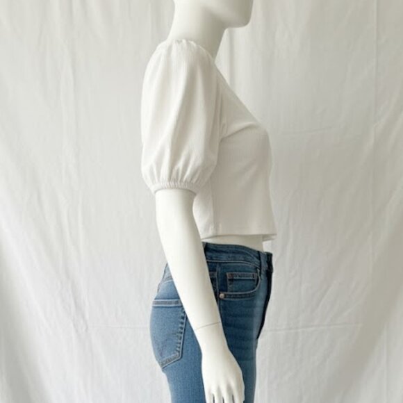 White Ribbed Crop Top – Puff Sleeve Stretch Knit Tee Size L - Picture 5 of 9